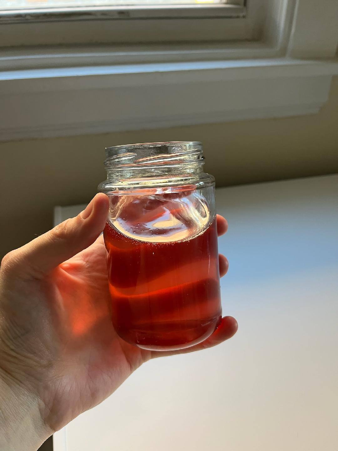 Pink, rose kombucha in a clear glass held in hand 