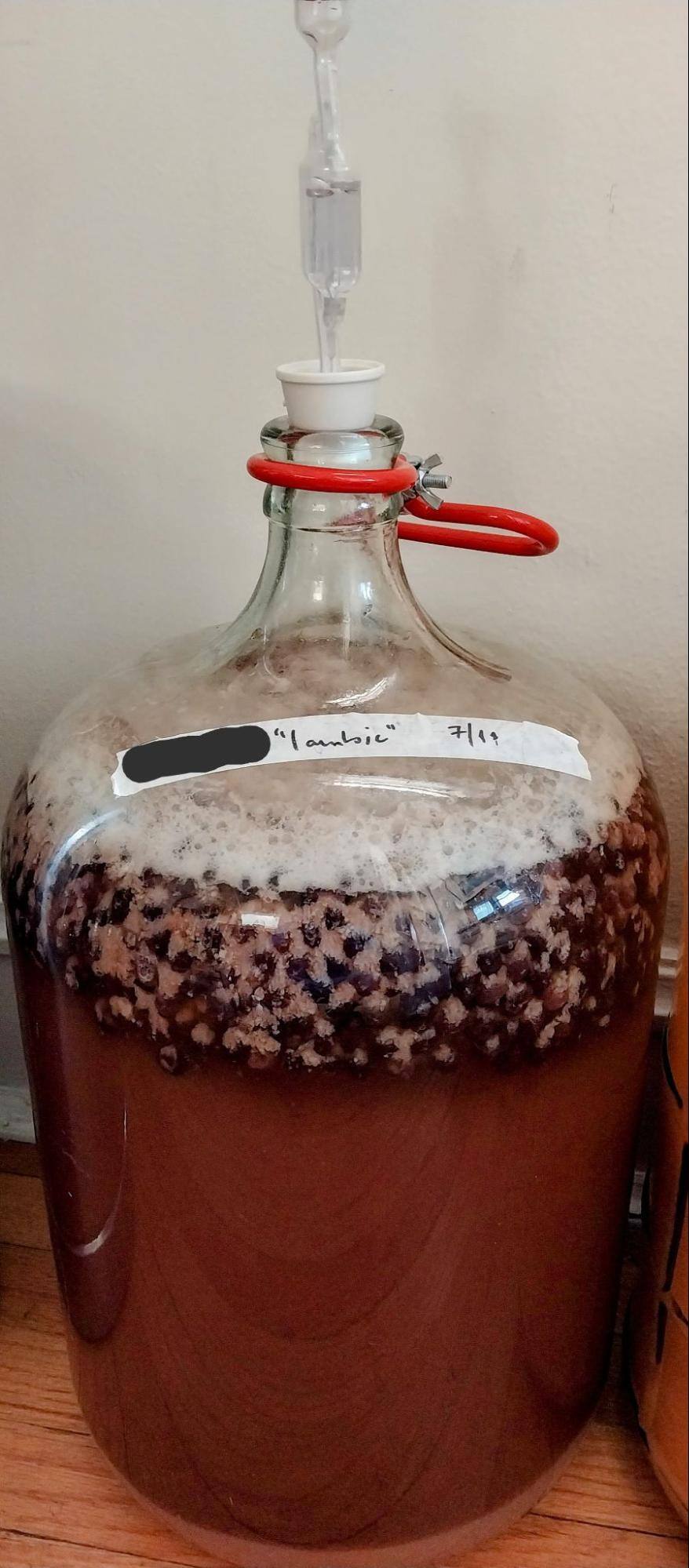 5 gallon fermenter bubbling with dark red liquid and blueberry Krause